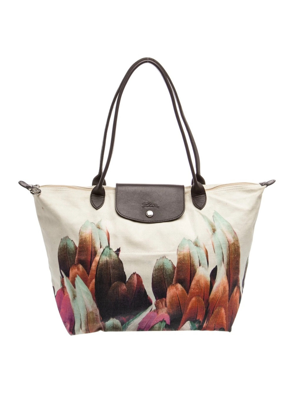 Longchamp Cream Canvas Tote with Multicolor Feather Print and Dark Brown Trim